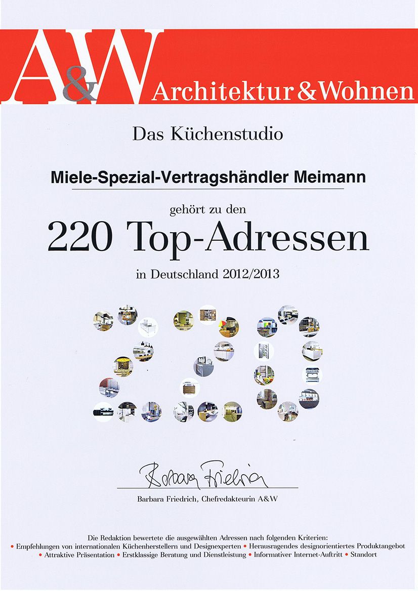 REFERENZEN UND AUSZEICHNUNGEN - A&W Architektur und Wohnen 220 Top-Adressen - Miele Meimann in Münster